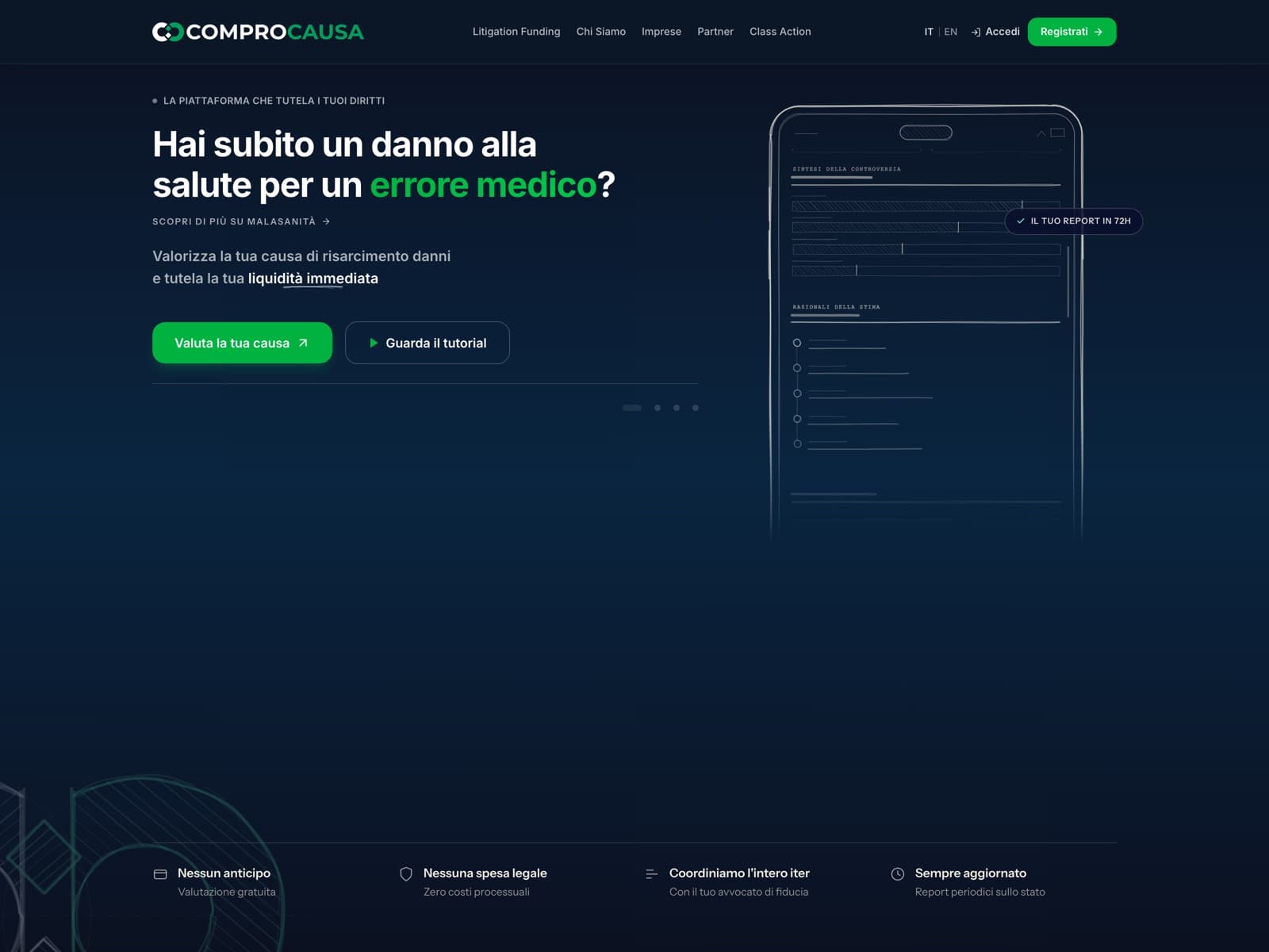 Home di ComproCausa con la domanda Hai subito un danno alla salute per un errore medico, la CTA Valuta la tua causa e i quattro punti chiave del servizio
