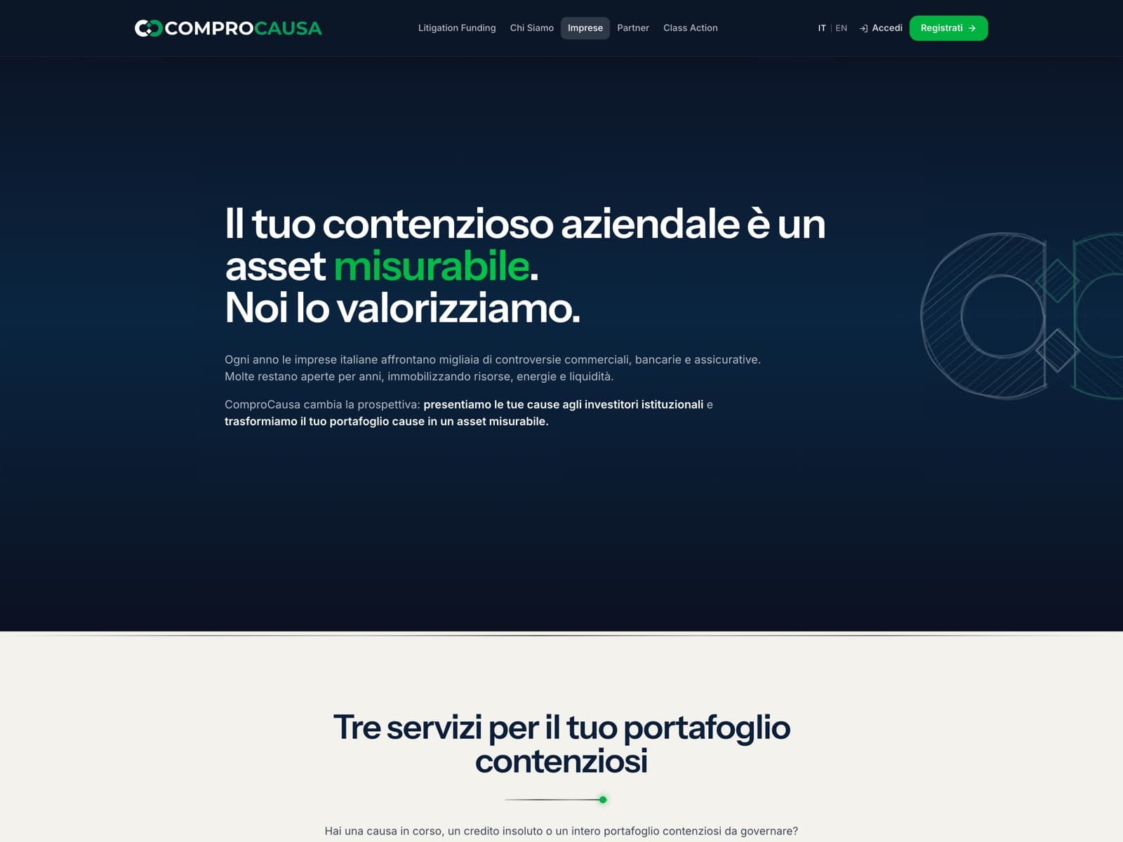 Pagina imprese di ComproCausa con il claim sul contenzioso aziendale come asset misurabile