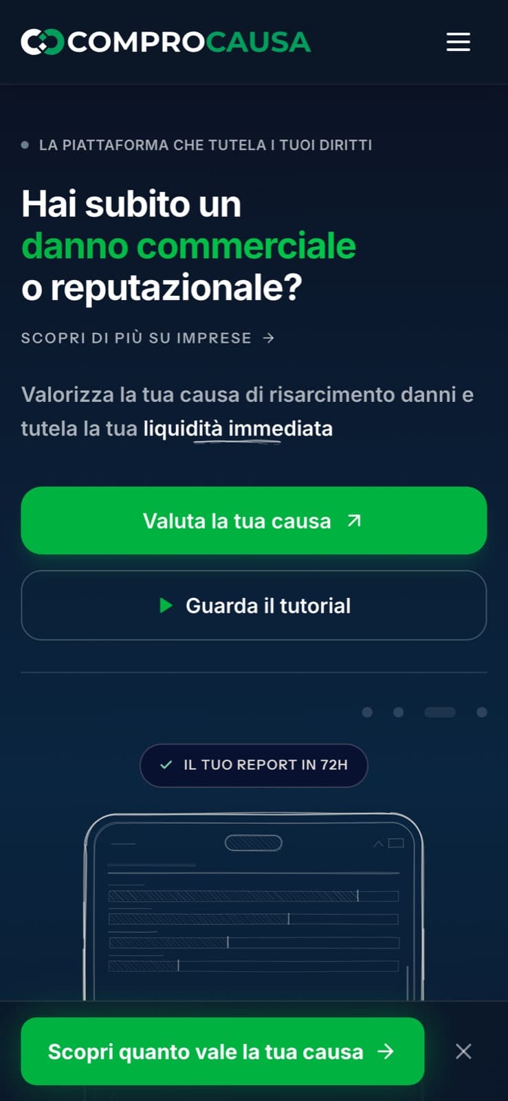 La home di ComproCausa vista da telefono, in formato verticale