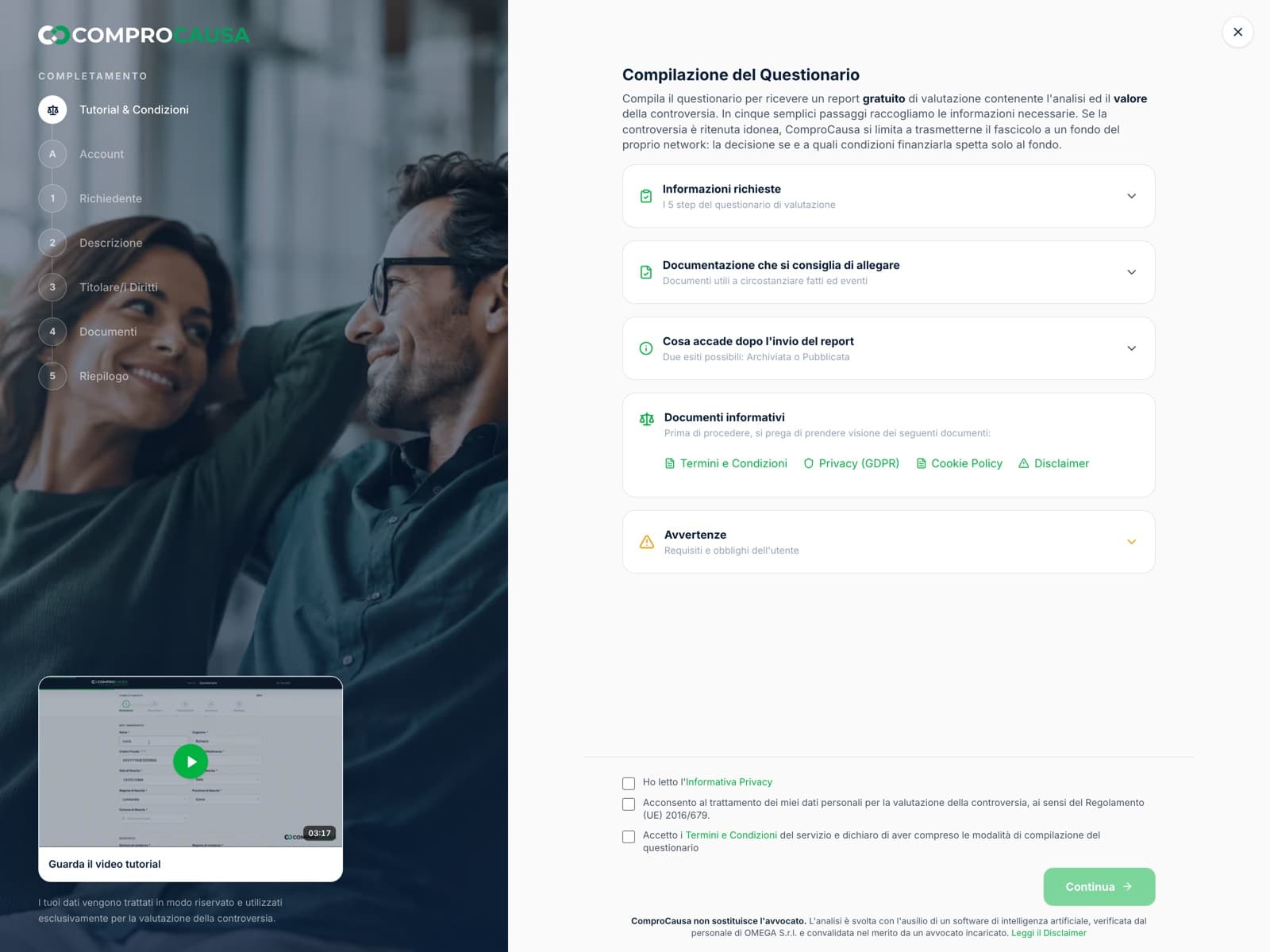 Il questionario di valutazione online di ComproCausa, con i campi di raccolta delle informazioni sulla causa