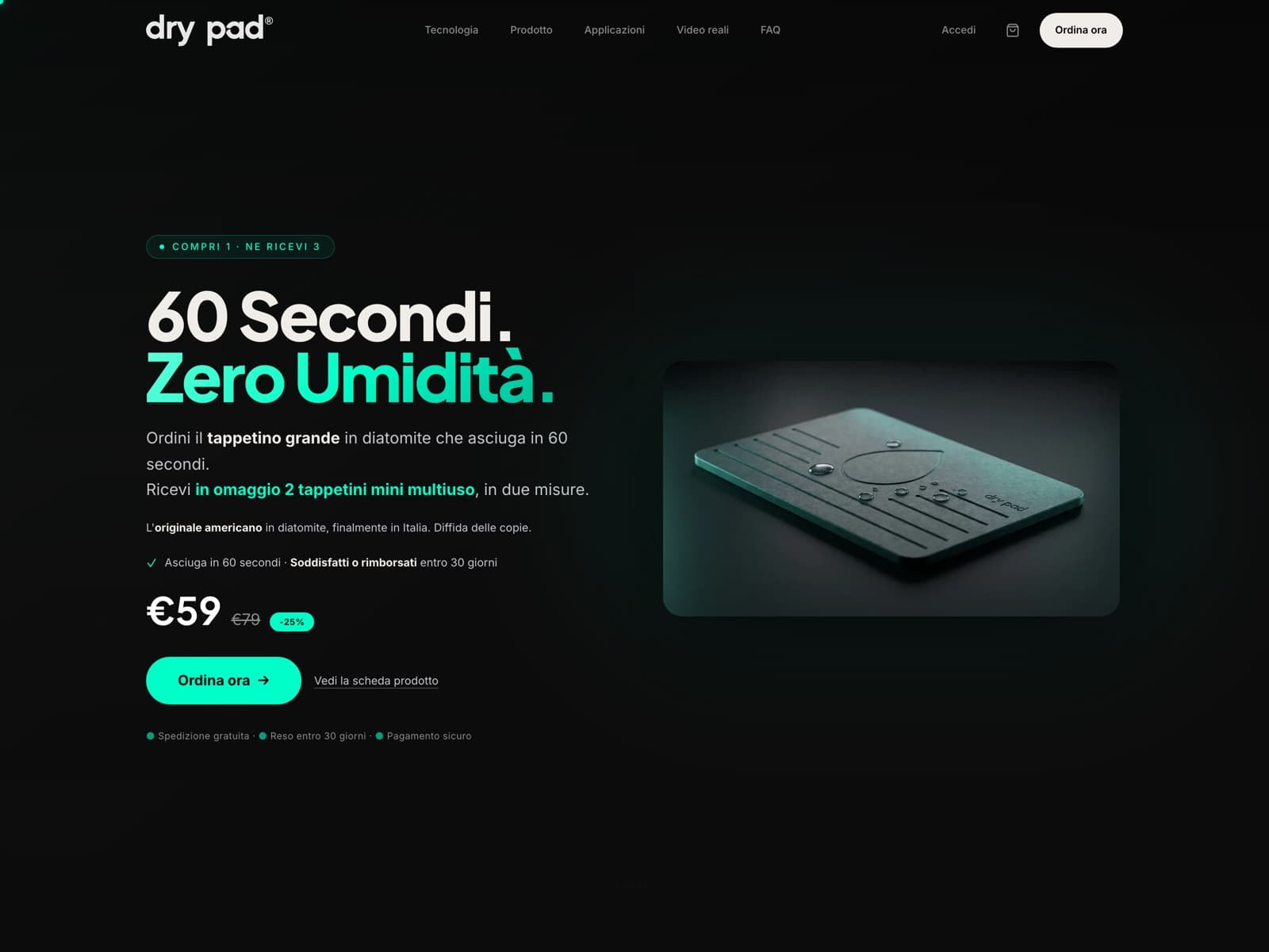 Home di drypad.it con il claim 60 Secondi Zero Umidità, il badge Compri 1 Ne Ricevi 3, il prezzo e la CTA Ordina ora