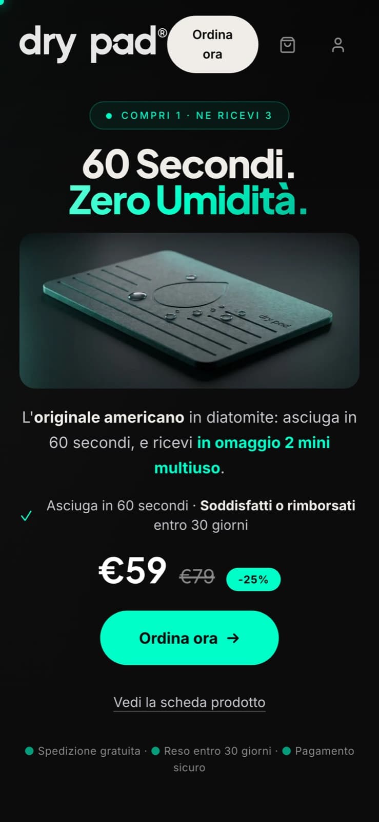 Home di drypad.it su viewport mobile da 390 pixel con la barra CTA sticky in basso