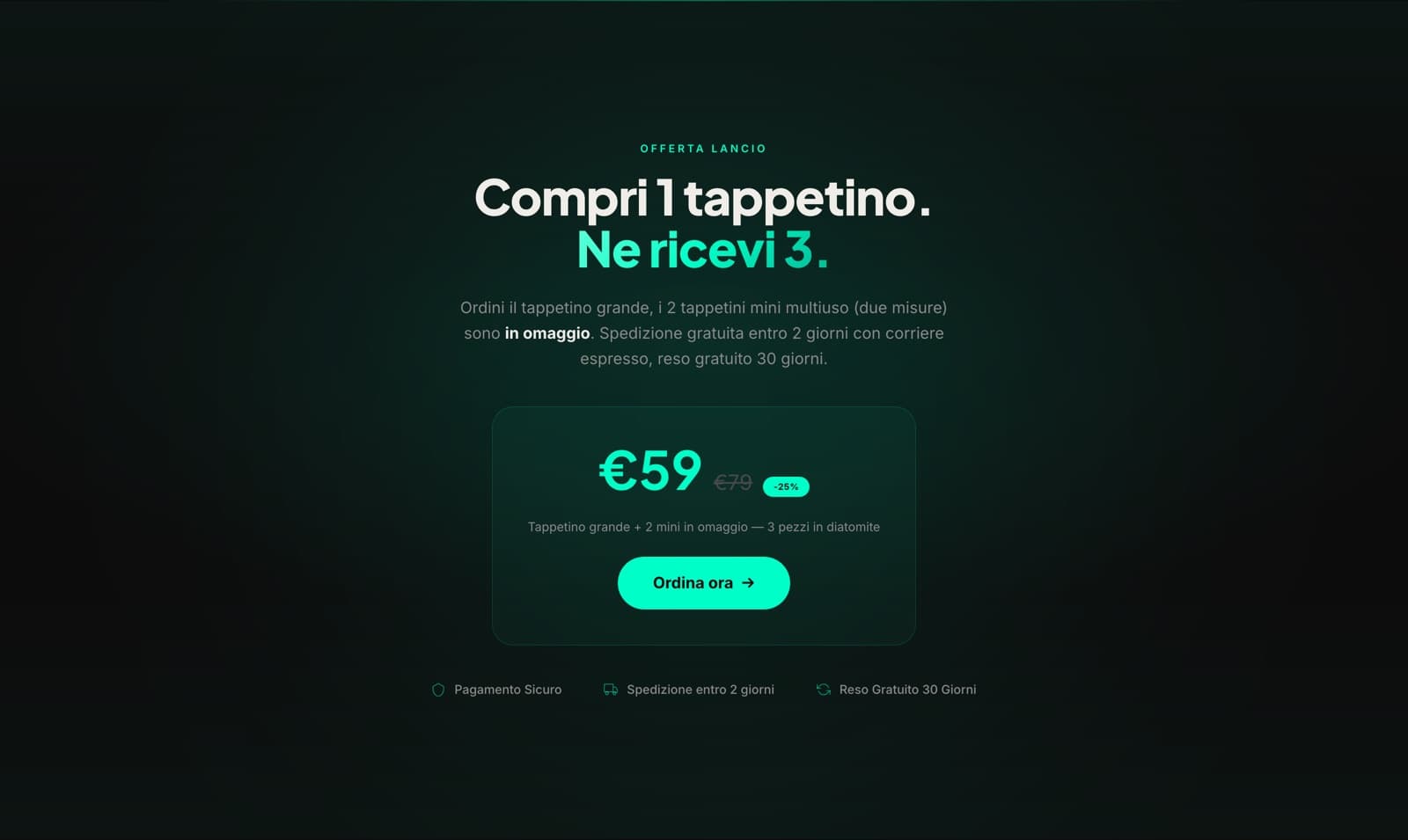 Sezione finale di drypad.it con l'offerta: prezzo 59 EUR, prezzo pieno 79 EUR, sconto 25 per cento e tre pezzi in diatomite