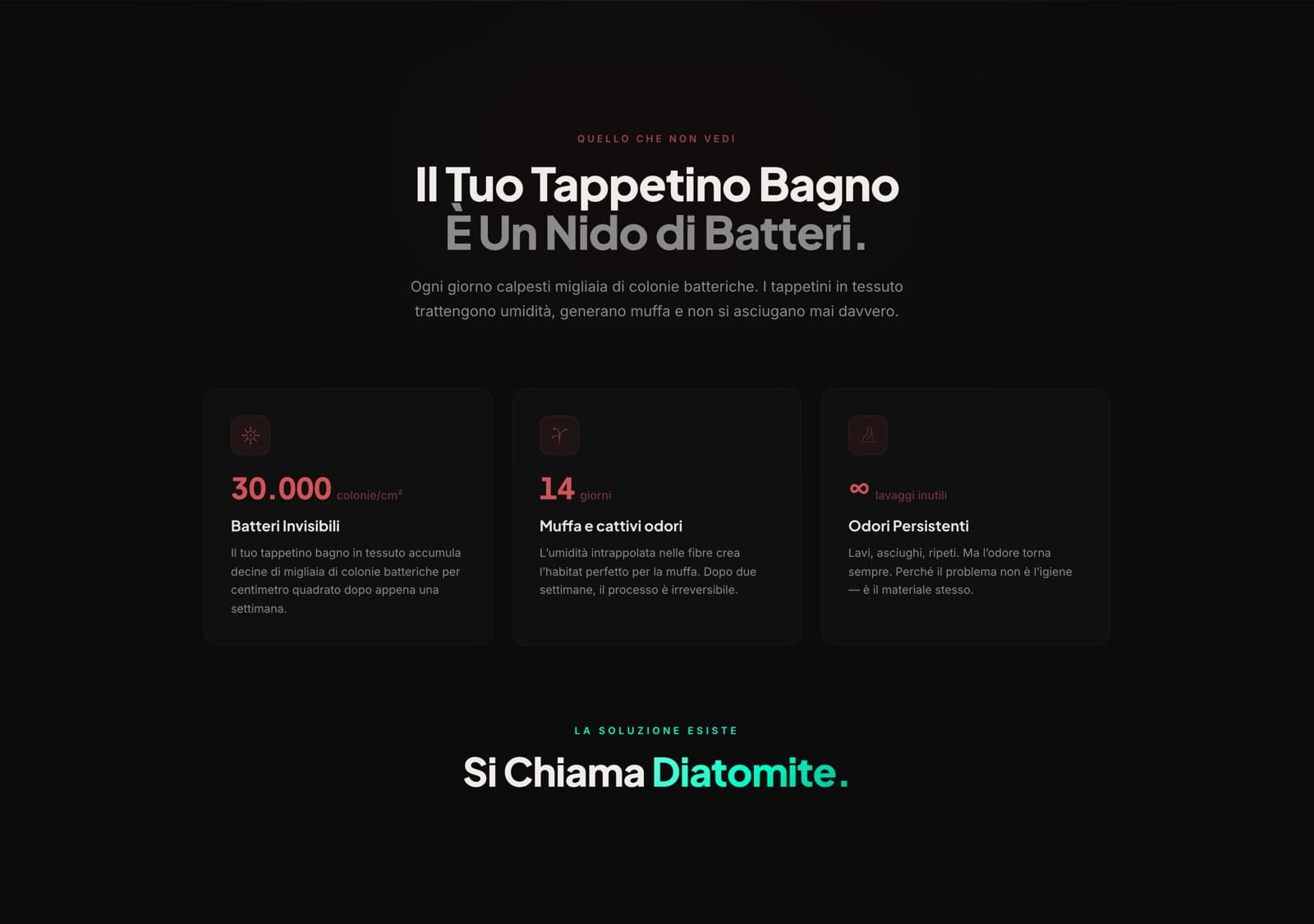 Sezione problema della home di Dry Pad, Il Tuo Tappetino Bagno È Un Nido di Batteri, con il dato di 30.000 colonie per centimetro quadrato
