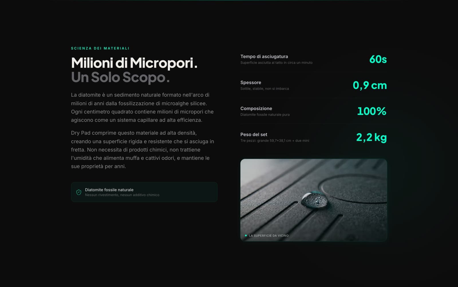 Sezione scientifica della home di Dry Pad, Milioni di Micropori Un Solo Scopo, sul funzionamento della diatomite