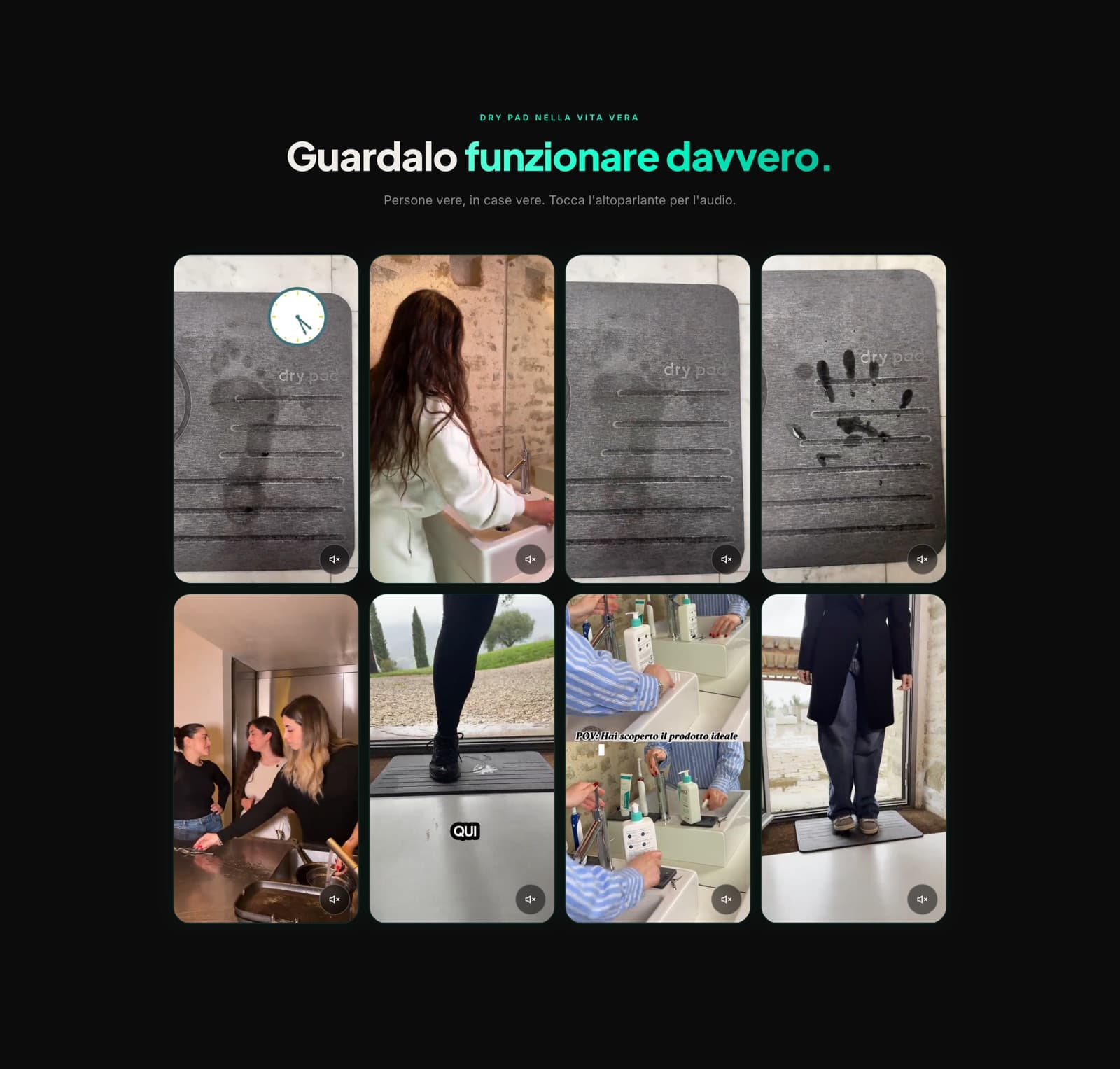Griglia di video UGC verticali sulla home di Dry Pad sotto il titolo Guardalo funzionare davvero